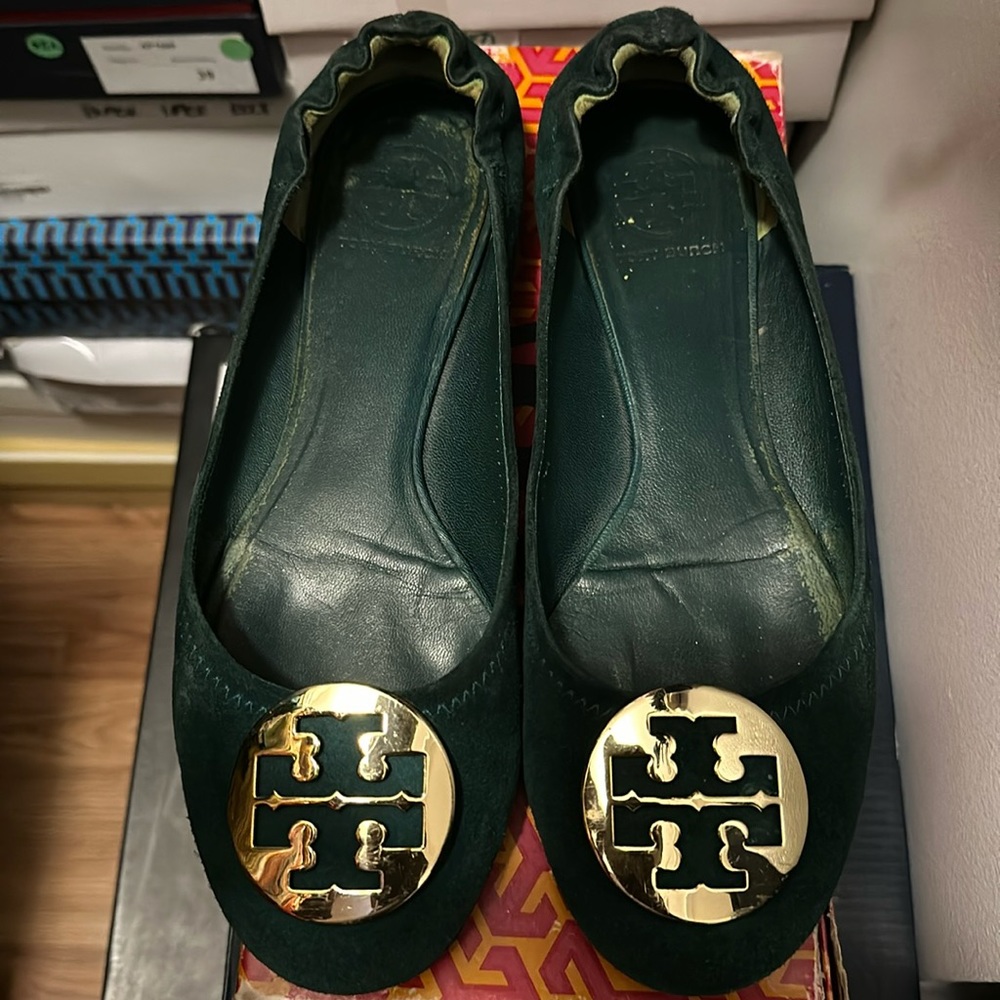 Tory Burch Malachite Reva green suede flat